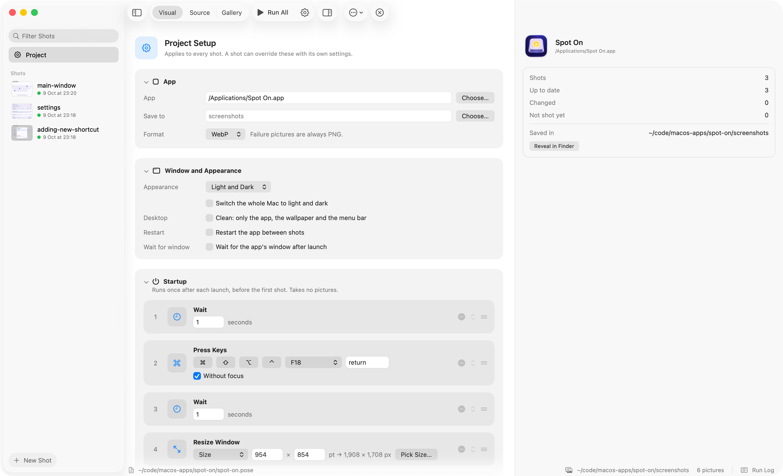 Pose's project setup: the app to shoot, the folder and format for the pictures, light and dark, and the startup steps that run after every launch.