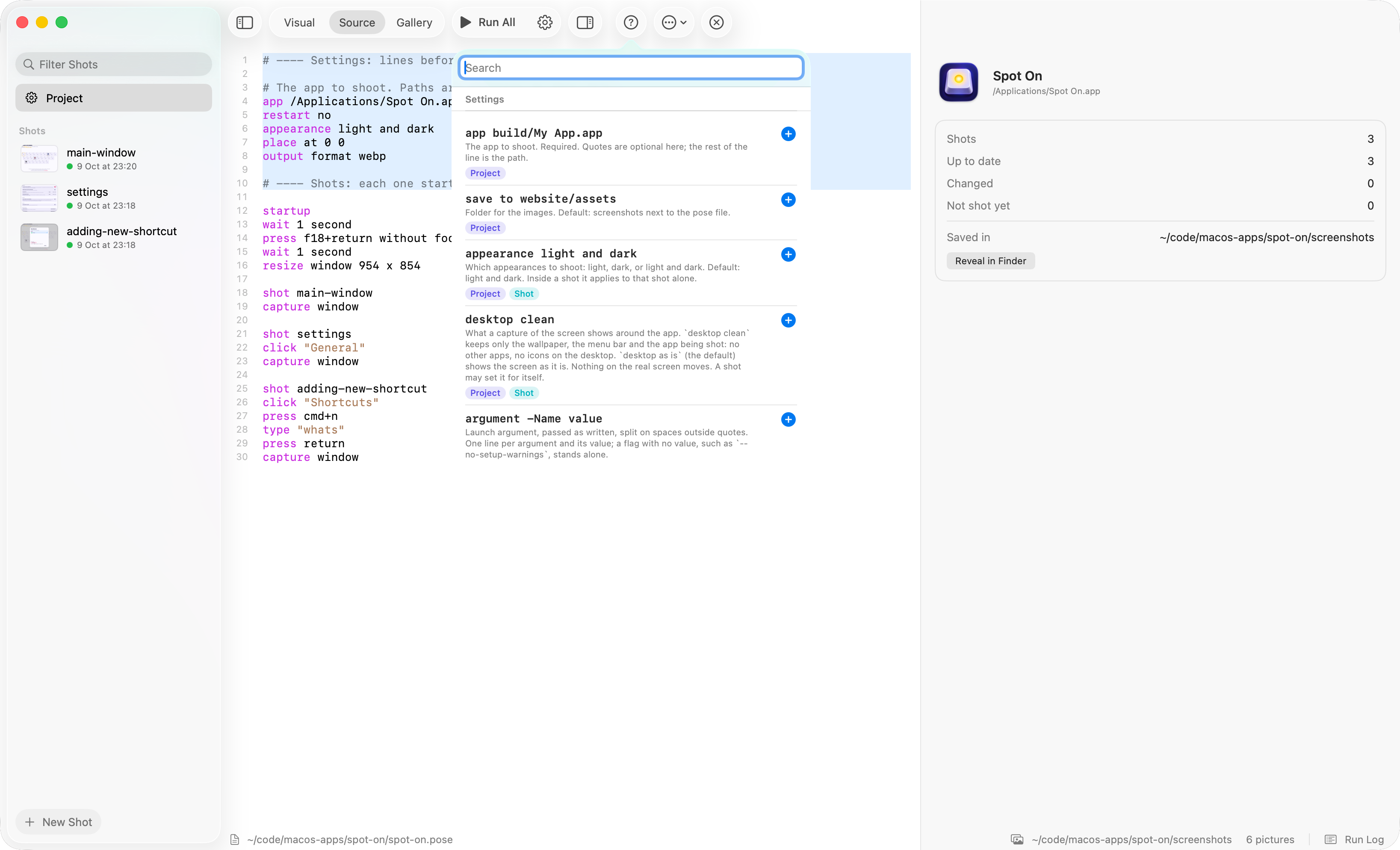 A pose file in Pose's text view, with the Reference open over it: a searchable list of instructions, each with an example and a button to insert it.