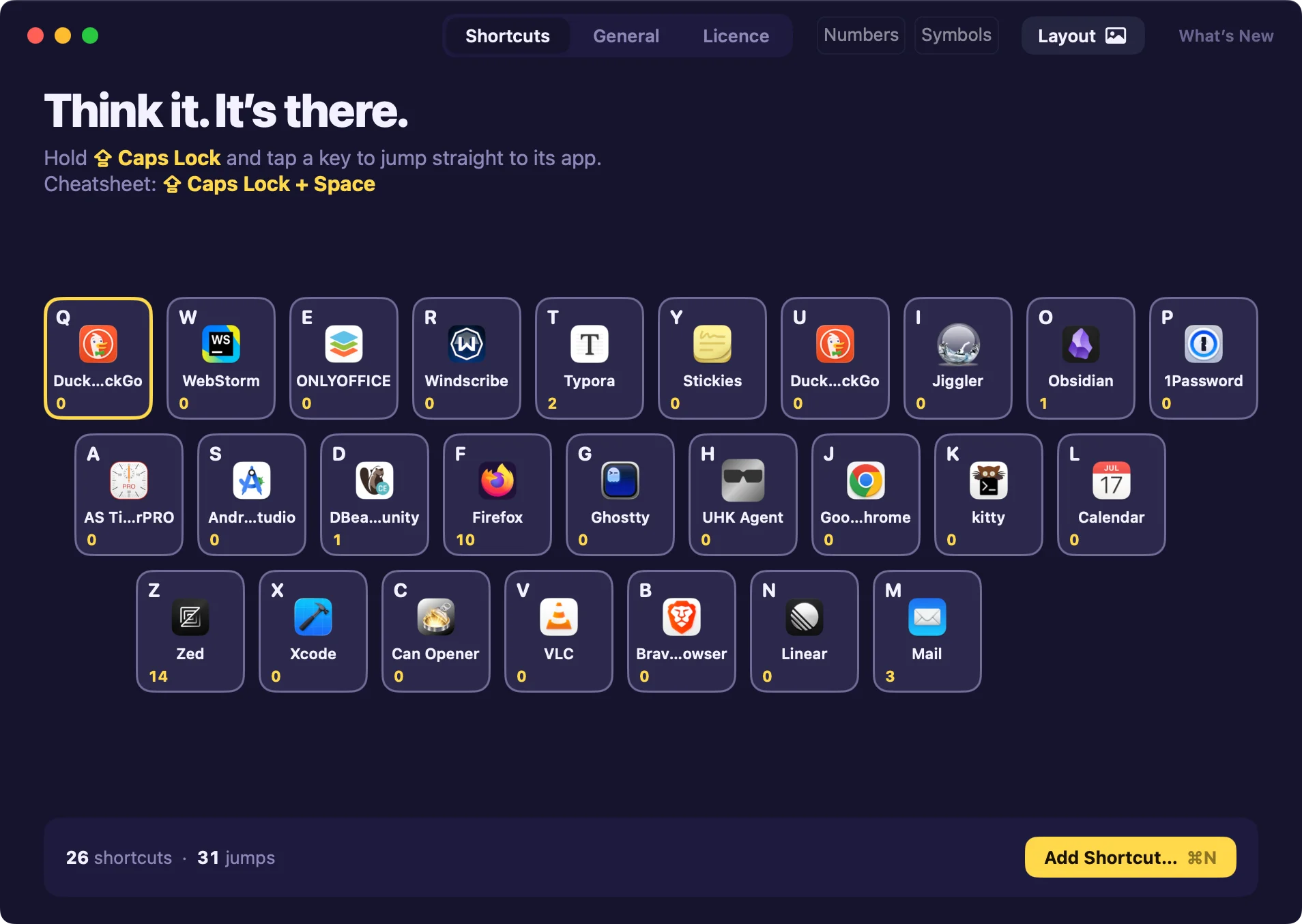Spot On's main window in dark mode: a keyboard of 26 letter keys, each showing its app's icon, name and jump count, with an Add Shortcut button below.
