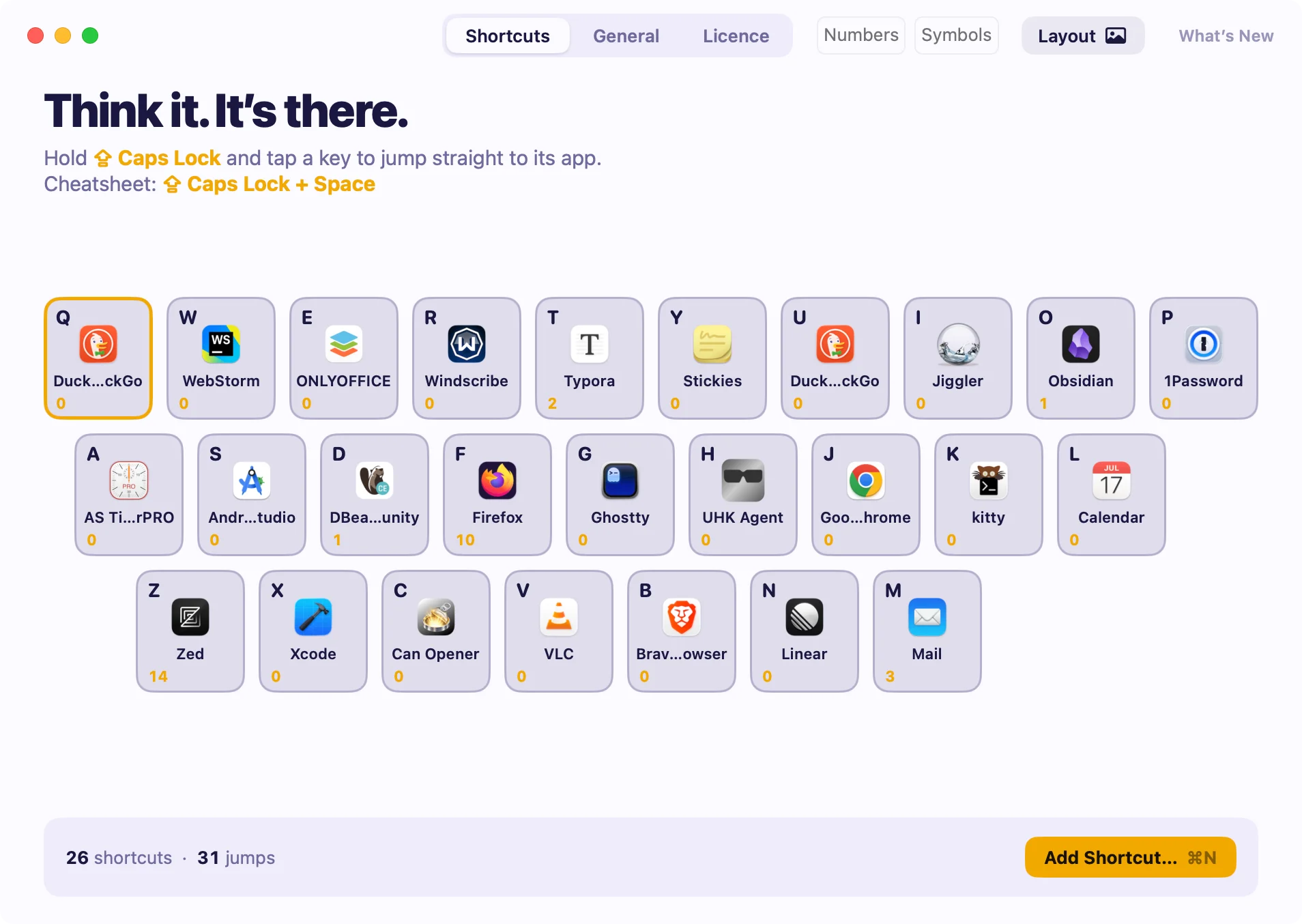 Spot On's main window in light mode: a keyboard of 26 letter keys, each showing its app's icon, name and jump count, with an Add Shortcut button below.